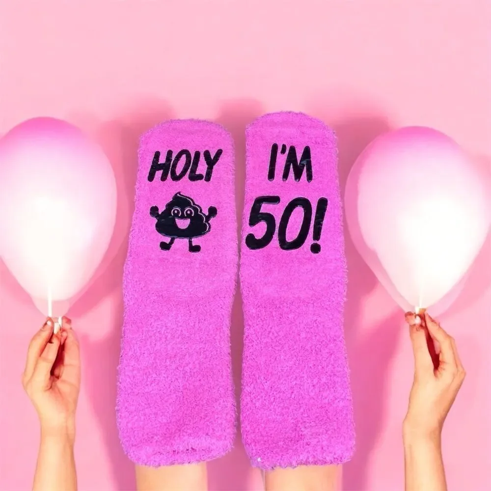 New Happy Pop Hot Pink Fuzzy Birthday Socks w/Graphic Print Holy Poop I'm 50! OS